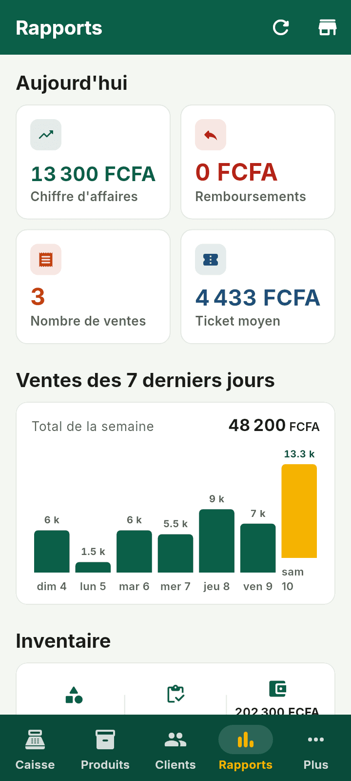 Écran TigiPOS : ventes du jour et des 7 derniers jours