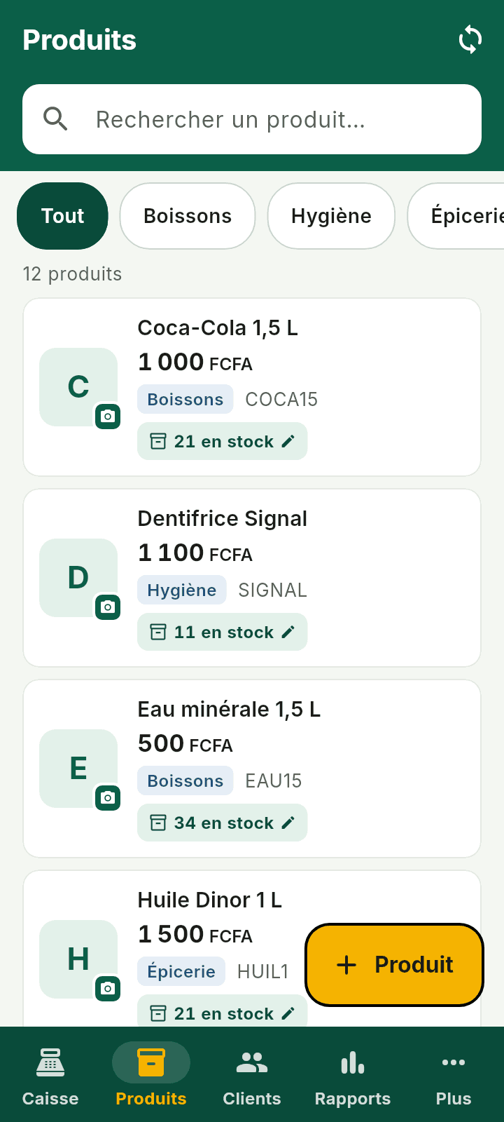 Écran TigiPOS : catalogue des produits et quantités en stock